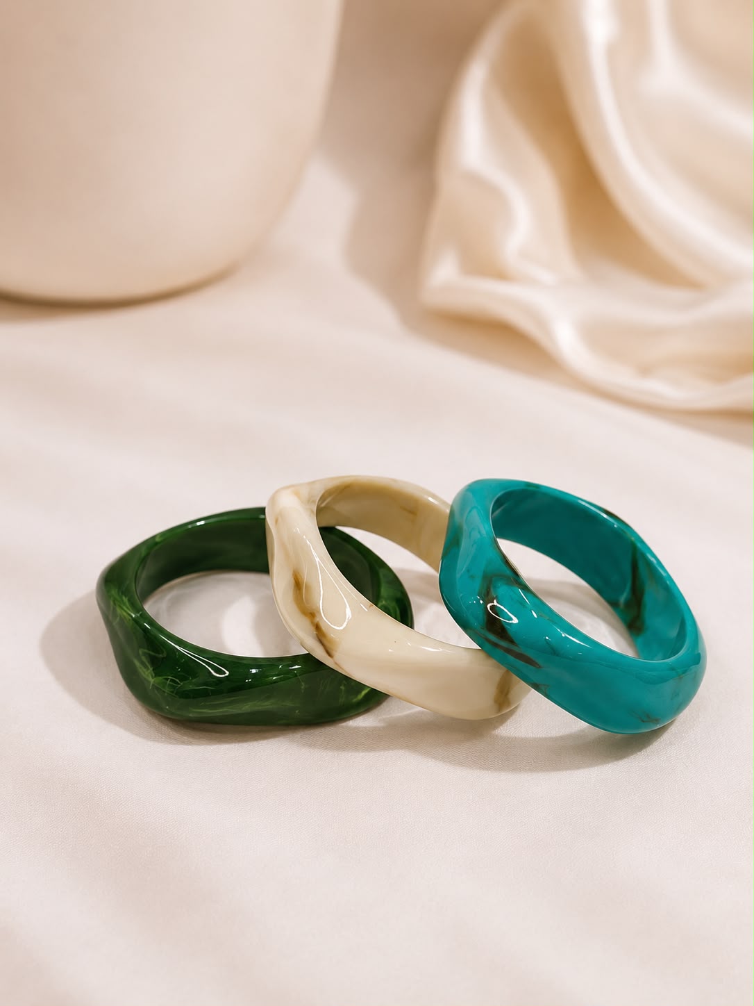 Green, Cream & Teal Bangle Stack for Women [Set Of 3]