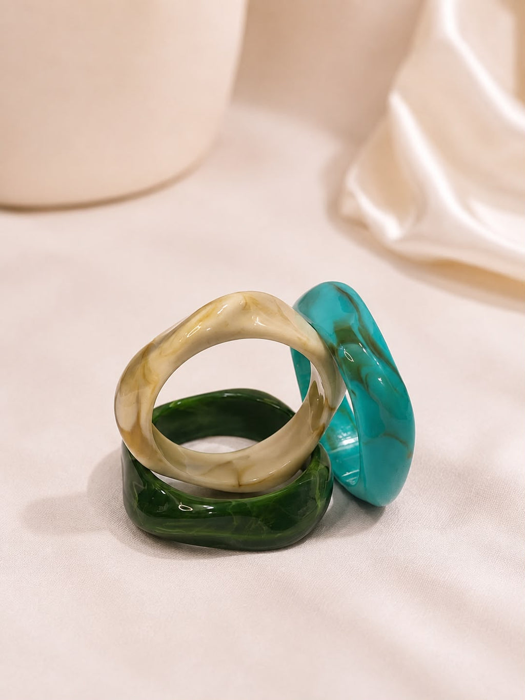 Green, Cream & Teal Bangle Stack for Women [Set Of 3]