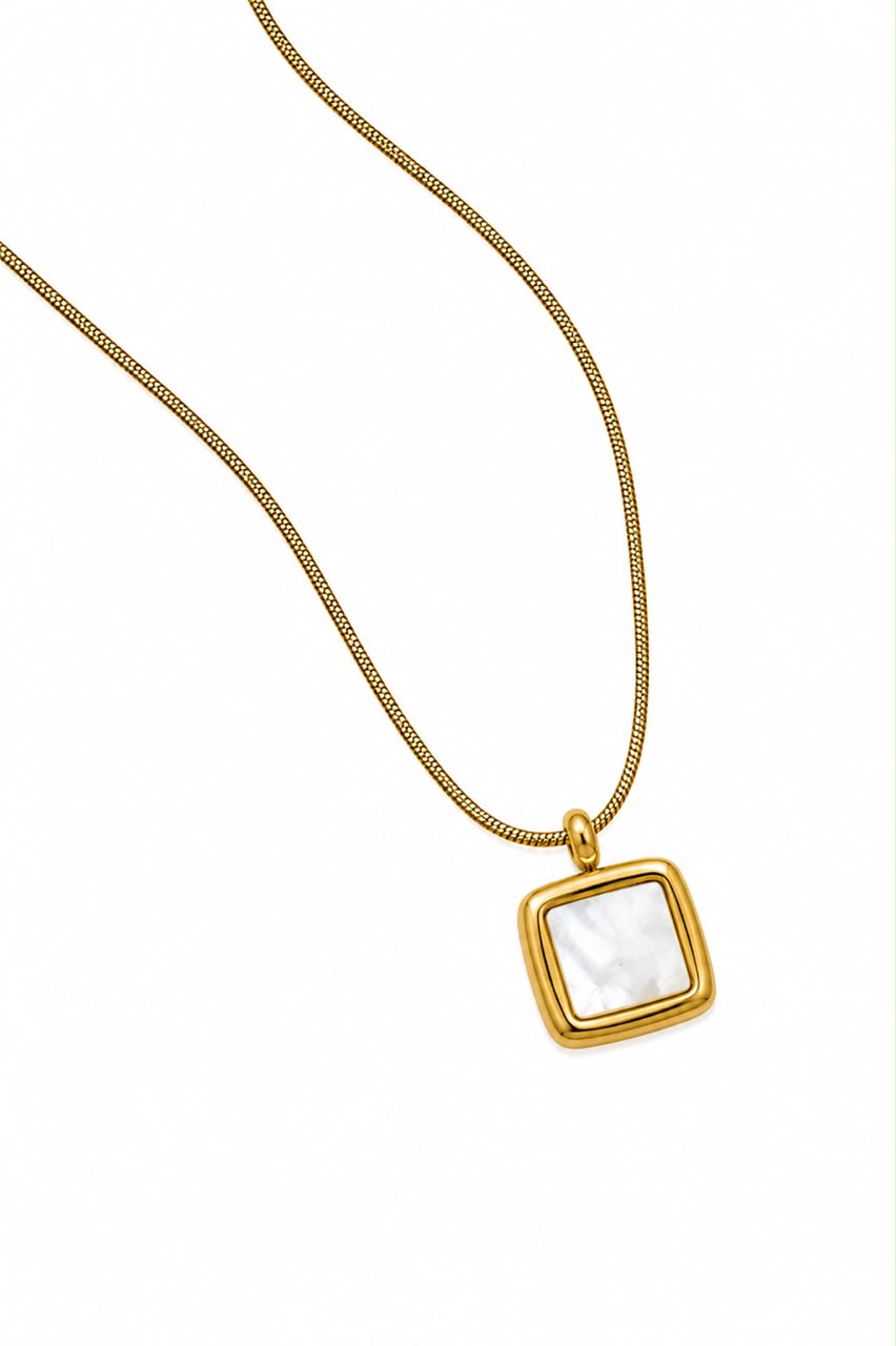 White Pearl Square Pendant Necklace