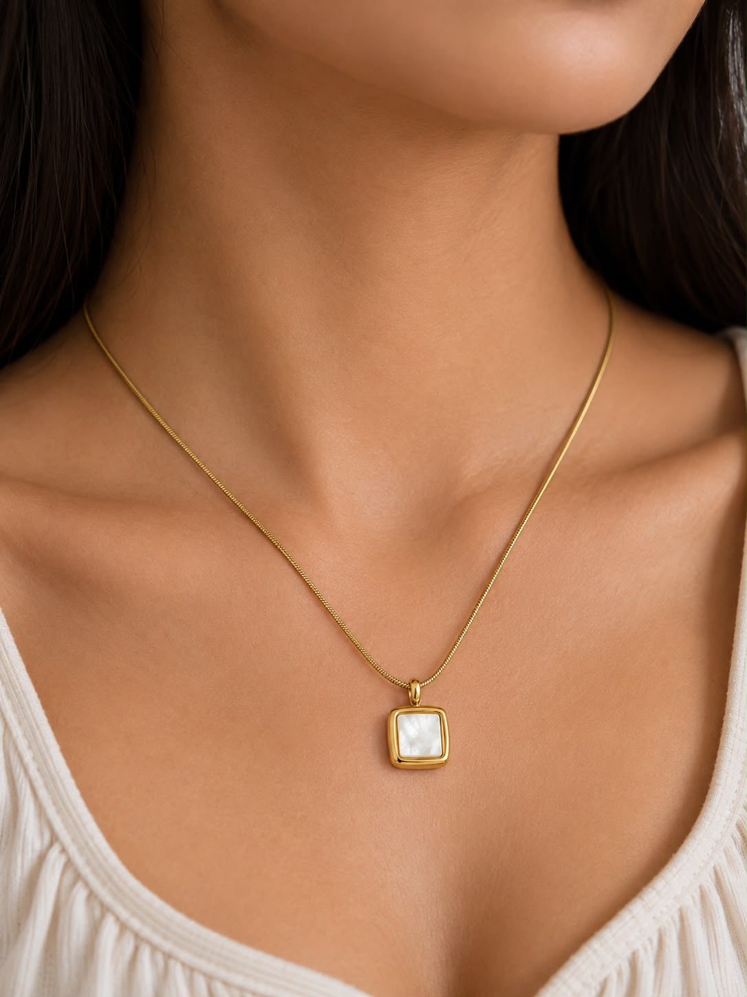 White Pearl Square Pendant Necklace