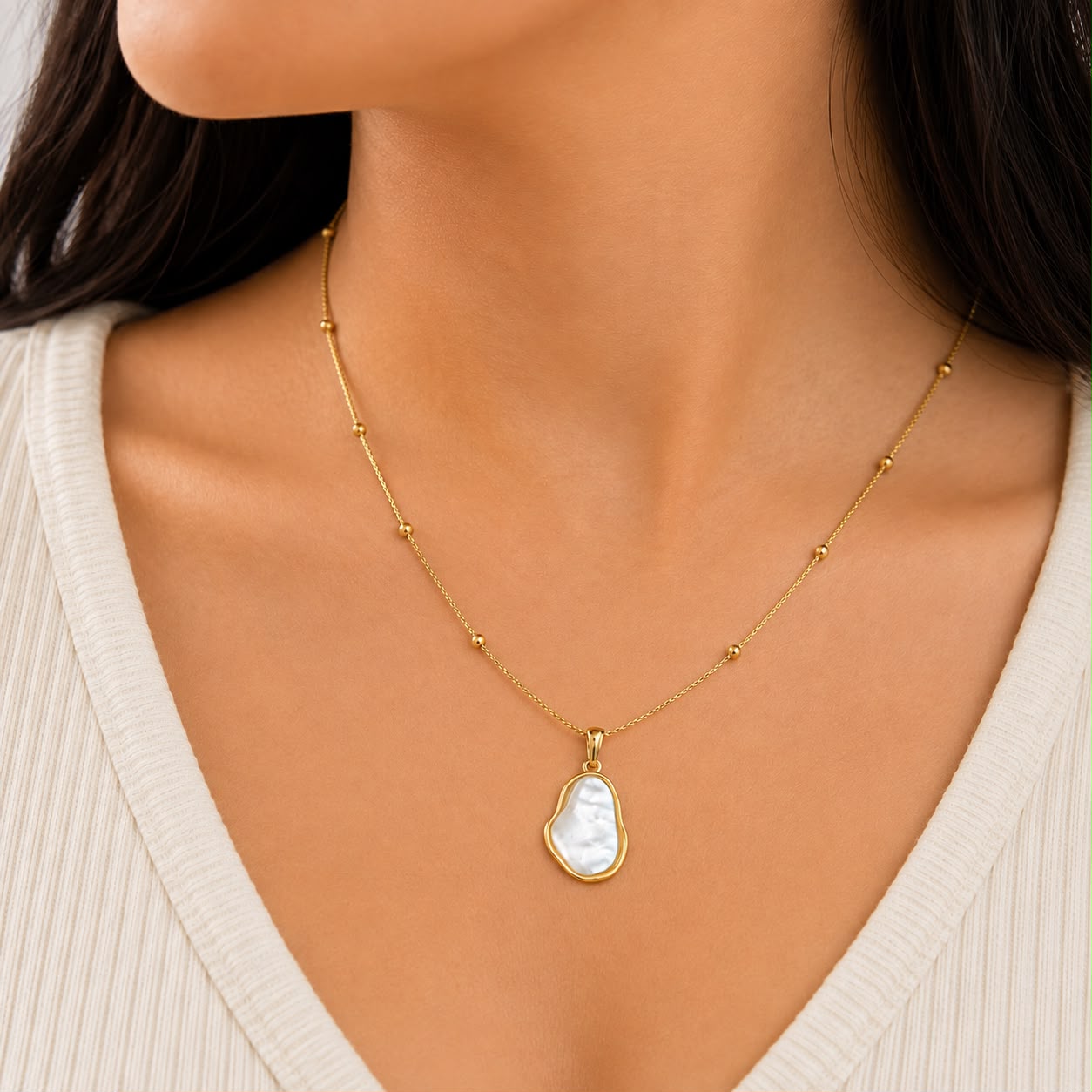 White Pearl Pendant Necklace with Beaded Chain